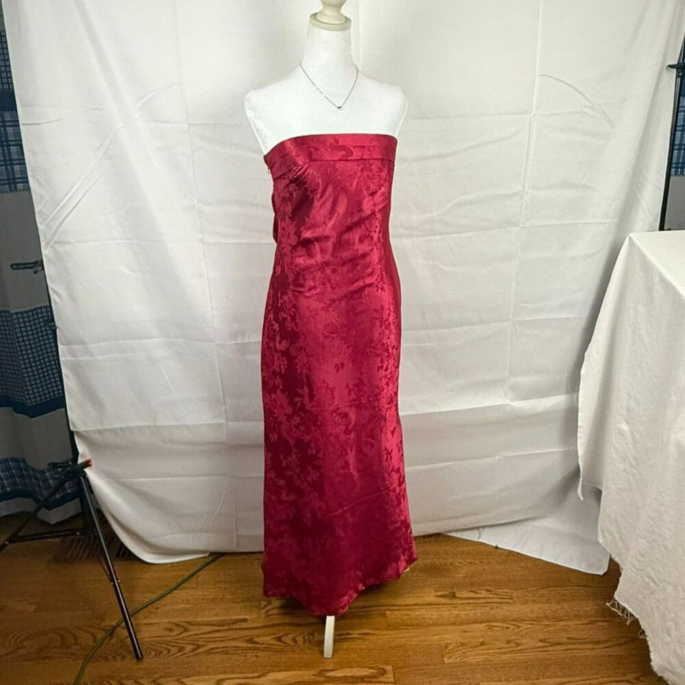 Satin Backless Cherry Red Floral Maxi Dress - S